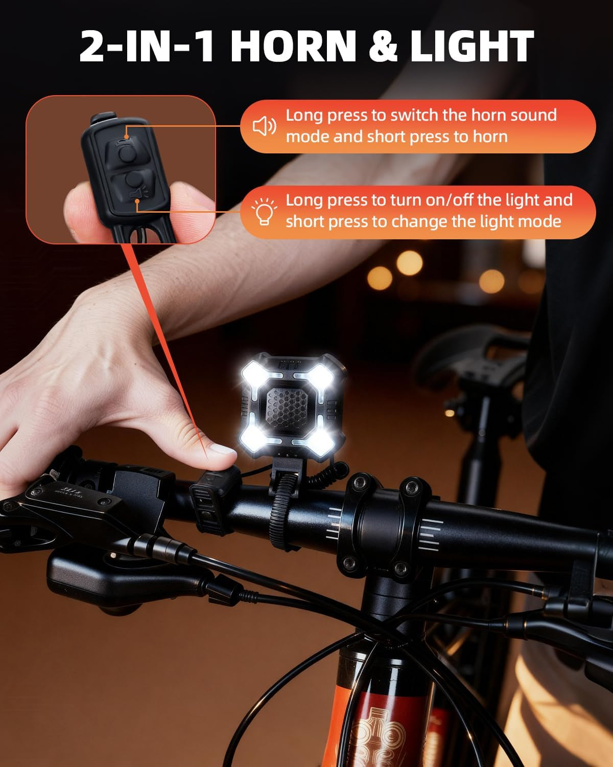 140Db Bike Horn with Front and Rear Light, 2In1 Bicycle Bell Control Switch LED Light, Rechargeable Waterproof, 8+5 Modes Headlight and Tail Light Daily Commute, Adults Kids Bike Scooter Ebike