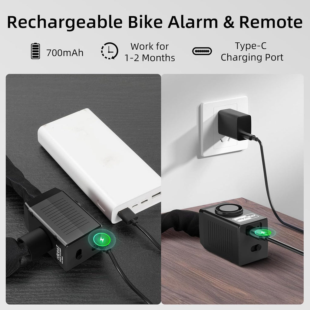 Bike Chain Lock with Alarm E Scooter Lock Anti-Theft Alarm 110Db 4Ft Security Heavy Duty with USB C Cable and 3 Keys for Bike/E Scooter/Motorcycle