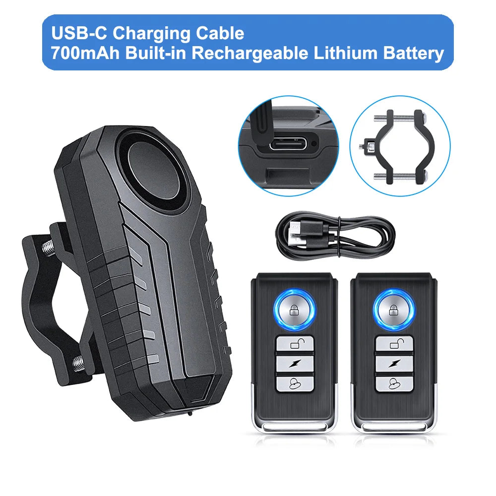 Wireless Bike Alarm with Remote IP65 Waterproof Rechargeable 113Db Loud Bicycle E-Bikes Scooter Moto anti Theft Alarm