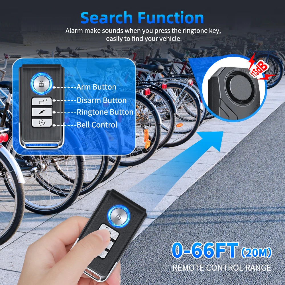 Wireless Bike Alarm with Remote IP65 Waterproof Rechargeable 113Db Loud Bicycle E-Bikes Scooter Moto anti Theft Alarm