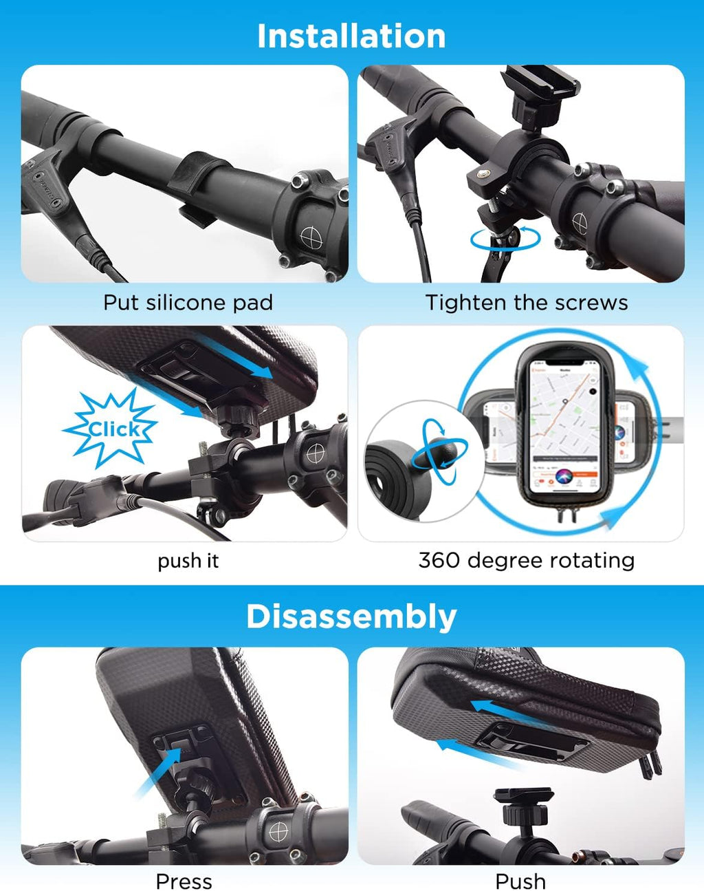 Bike Phone Holder, Waterproof Handlebar Bag for Phones up to 7" | 360° Rotatable Mount, TPU Touchscreen, Quick Release, Anti-Shake, Extra Storage and Rain Cover for Navigation and Rides
