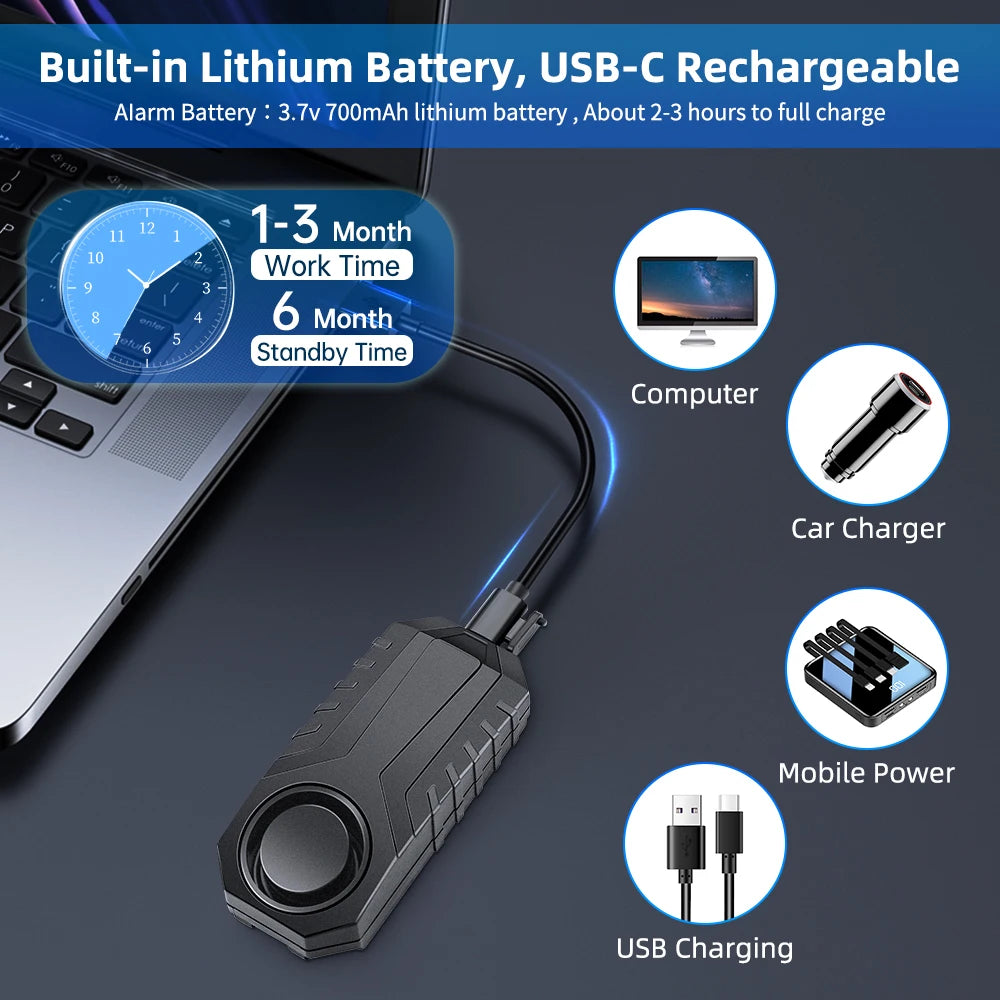 Wireless Bike Alarm with Remote IP65 Waterproof Rechargeable 113Db Loud Bicycle E-Bikes Scooter Moto anti Theft Alarm