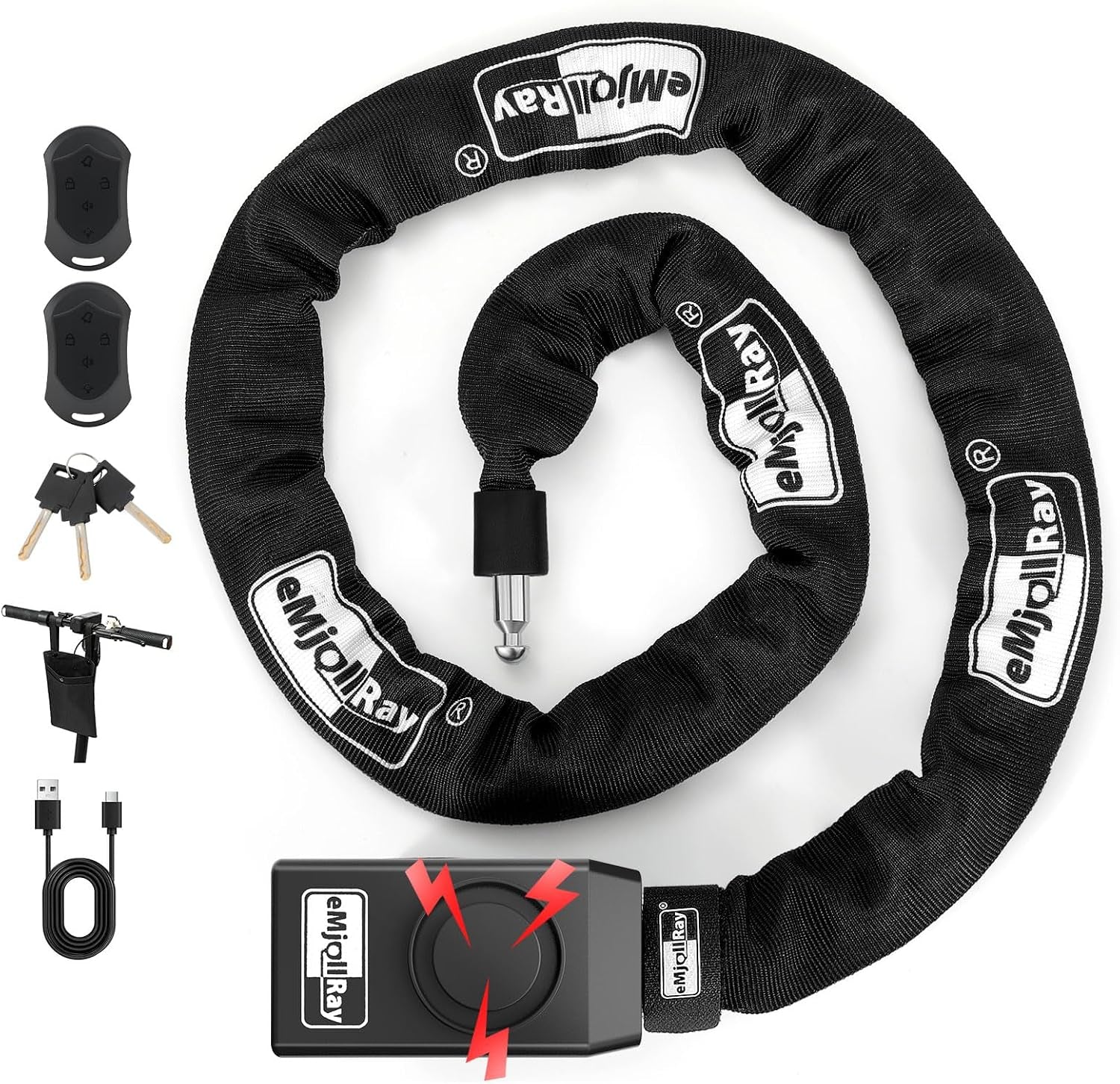 Bike Chain Lock with Alarm E Scooter Lock Anti-Theft Alarm 110Db 4Ft Security Heavy Duty with USB C Cable and 3 Keys for Bike/E Scooter/Motorcycle