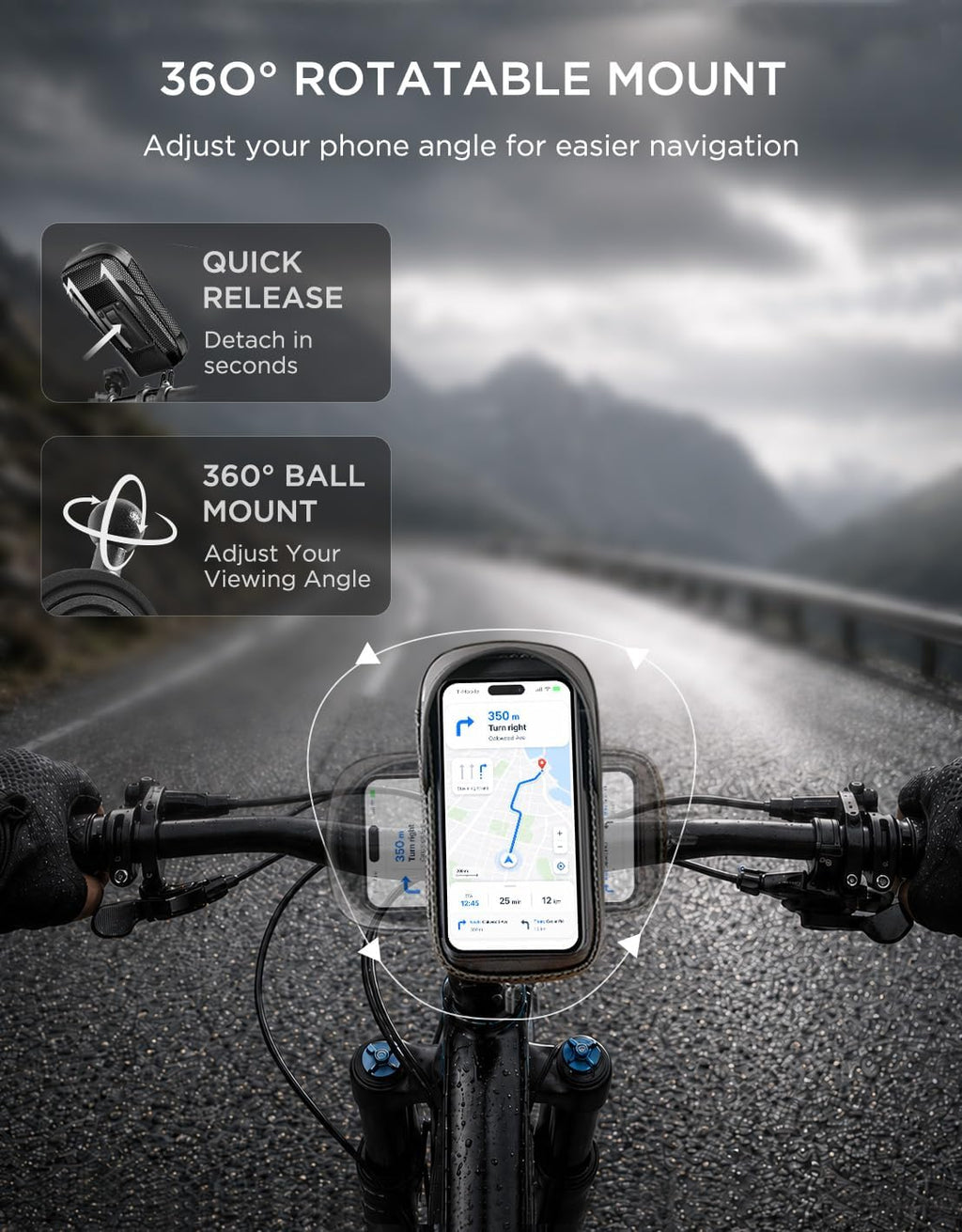 Bike Phone Holder, Waterproof Handlebar Bag for Phones up to 7" | 360° Rotatable Mount, TPU Touchscreen, Quick Release, Anti-Shake, Extra Storage and Rain Cover for Navigation and Rides