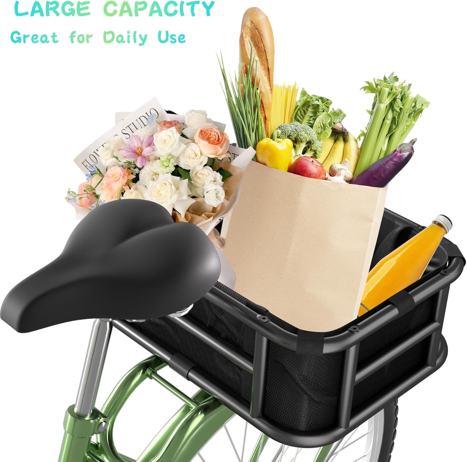 Bike Basket Rear - Assembled Version, Heavy Duty Bicycle Baskets W Liner, Cargo Net, Waterproof Cover, Ebike Accessories for Adult Bikes, Electric Bike, Carrying Grocery