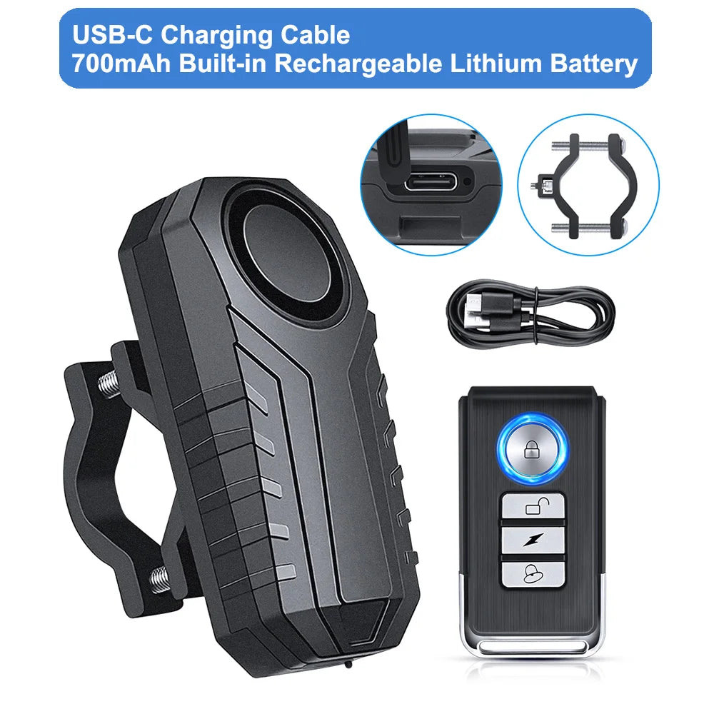 Wireless Bike Alarm with Remote IP65 Waterproof Rechargeable 113Db Loud Bicycle E-Bikes Scooter Moto anti Theft Alarm