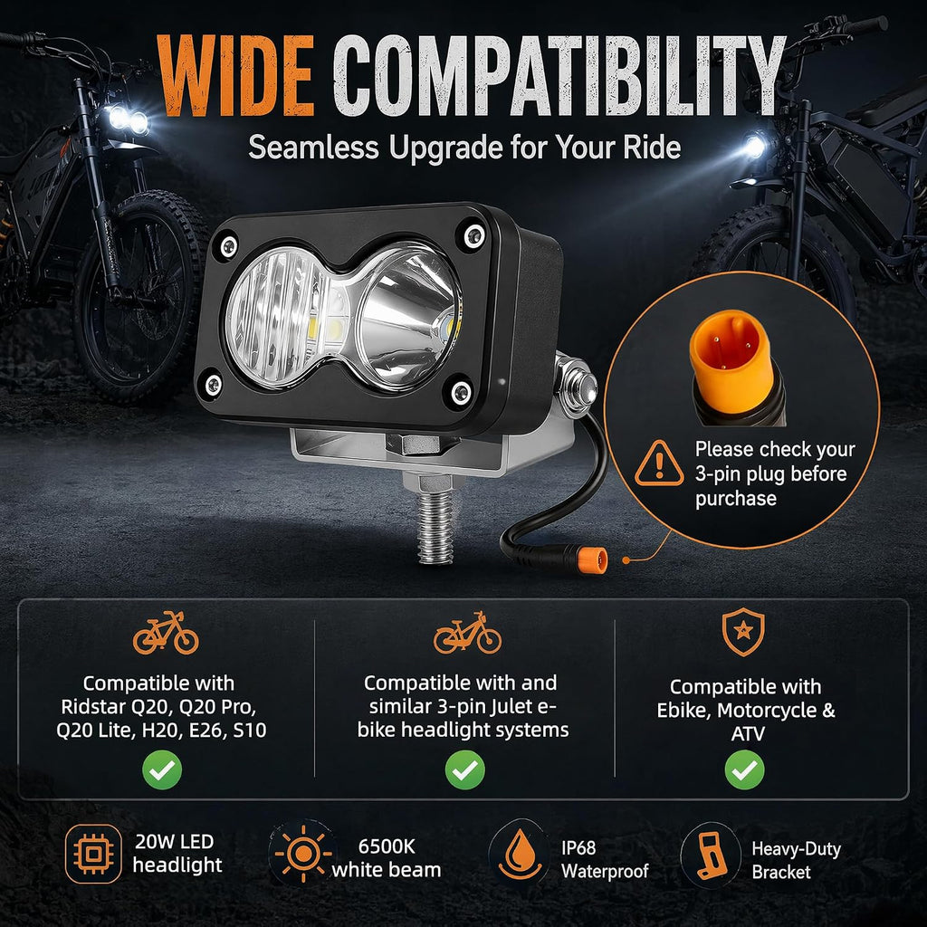 Baja Light Ebike Headlight, 20W, 6000K LED, High Beam for Ridstar Q20 | 12V-60V 3Pin Water-Resistant Off-Road Light Fits Ridstar Q20 Series, Motorcycle, ATV, Ebike Accessories & Mods