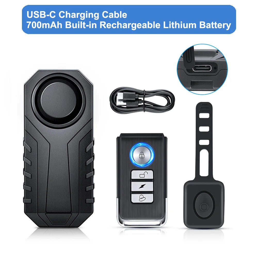 Wireless Bike Alarm with Remote IP65 Waterproof Rechargeable 113Db Loud Bicycle E-Bikes Scooter Moto anti Theft Alarm