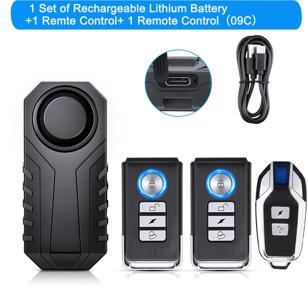 Wireless Bike Alarm with Remote IP65 Waterproof Rechargeable 113Db Loud Bicycle E-Bikes Scooter Moto anti Theft Alarm