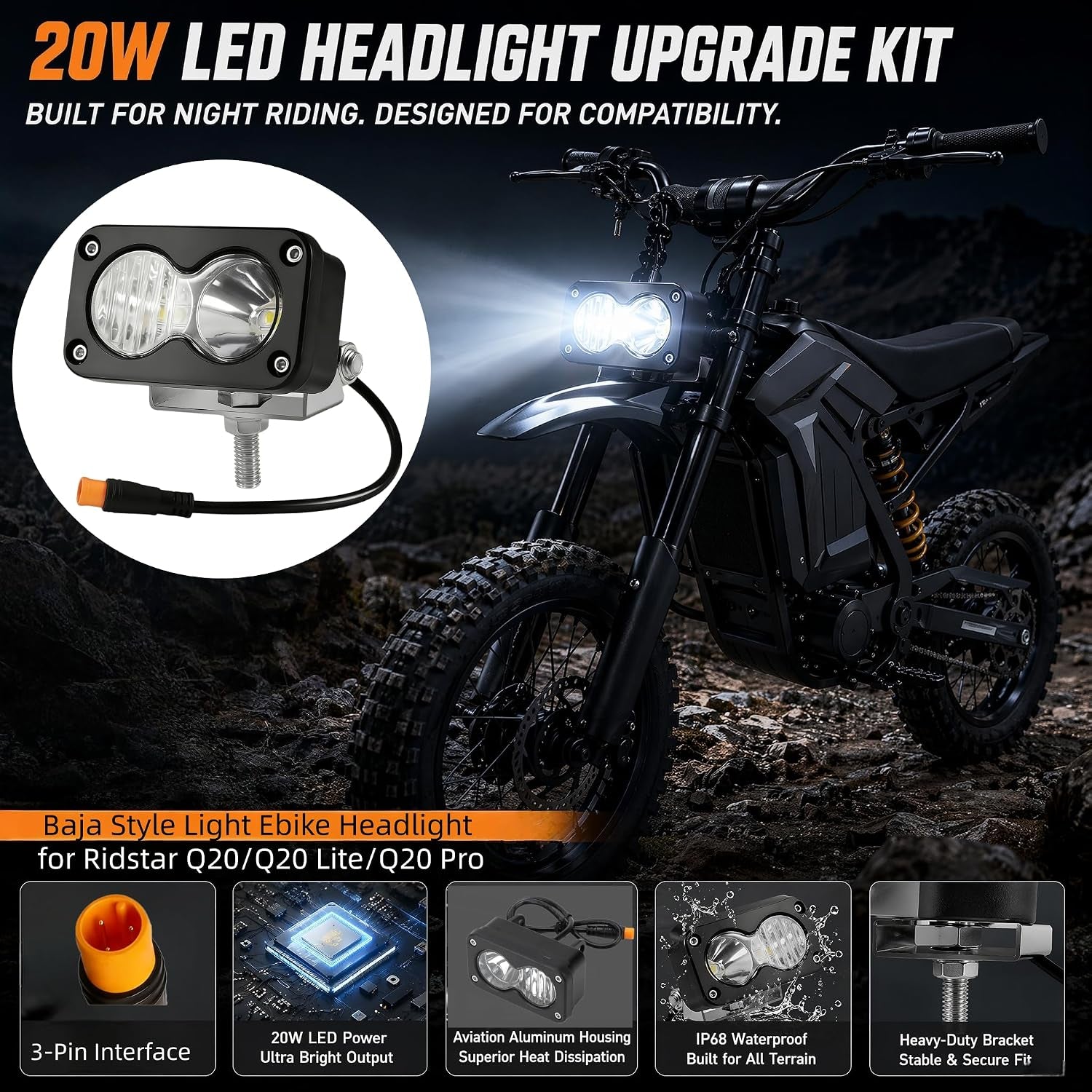Baja Light Ebike Headlight, 20W, 6000K LED, High Beam for Ridstar Q20 | 12V-60V 3Pin Water-Resistant Off-Road Light Fits Ridstar Q20 Series, Motorcycle, ATV, Ebike Accessories & Mods