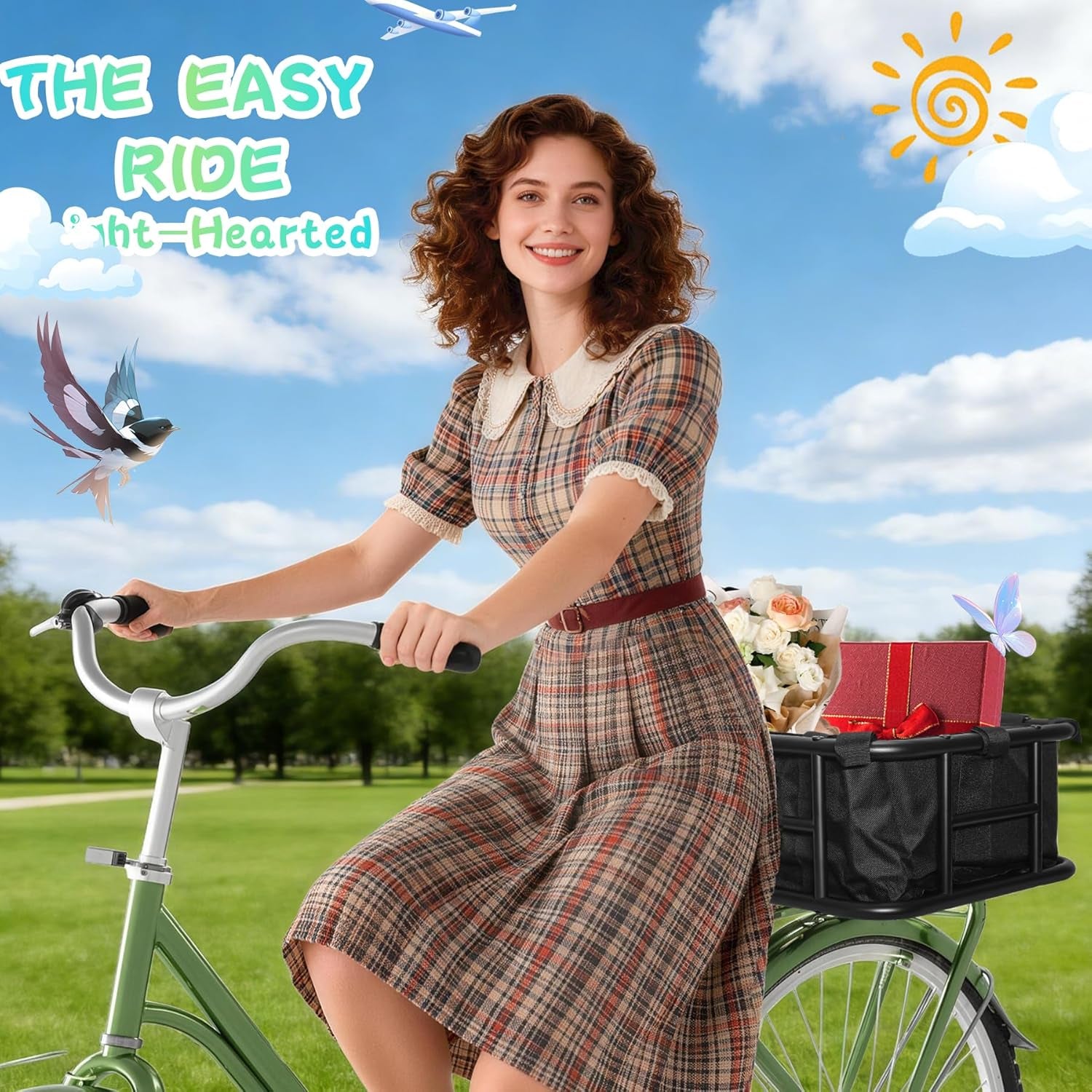Bike Basket Rear - Assembled Version, Heavy Duty Bicycle Baskets W Liner, Cargo Net, Waterproof Cover, Ebike Accessories for Adult Bikes, Electric Bike, Carrying Grocery