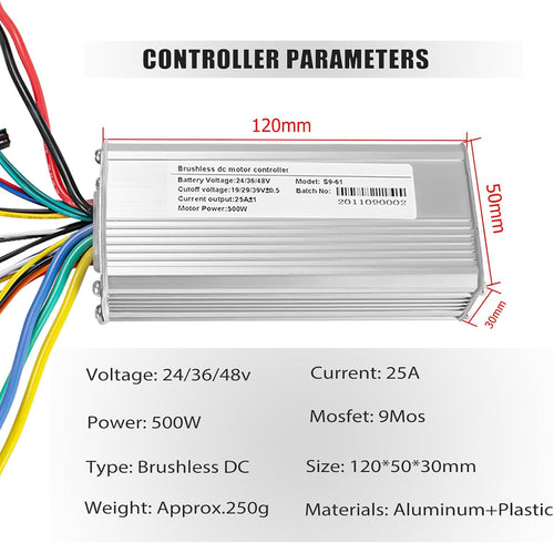 24V 36V 48V 500W Ebike Brushless Motor Controller and LCD Display Kit | 25A E Bike Controller, Electric Scooter Controller with Display Control Panel, 48V Brushless Speed Controller for Hall Motor