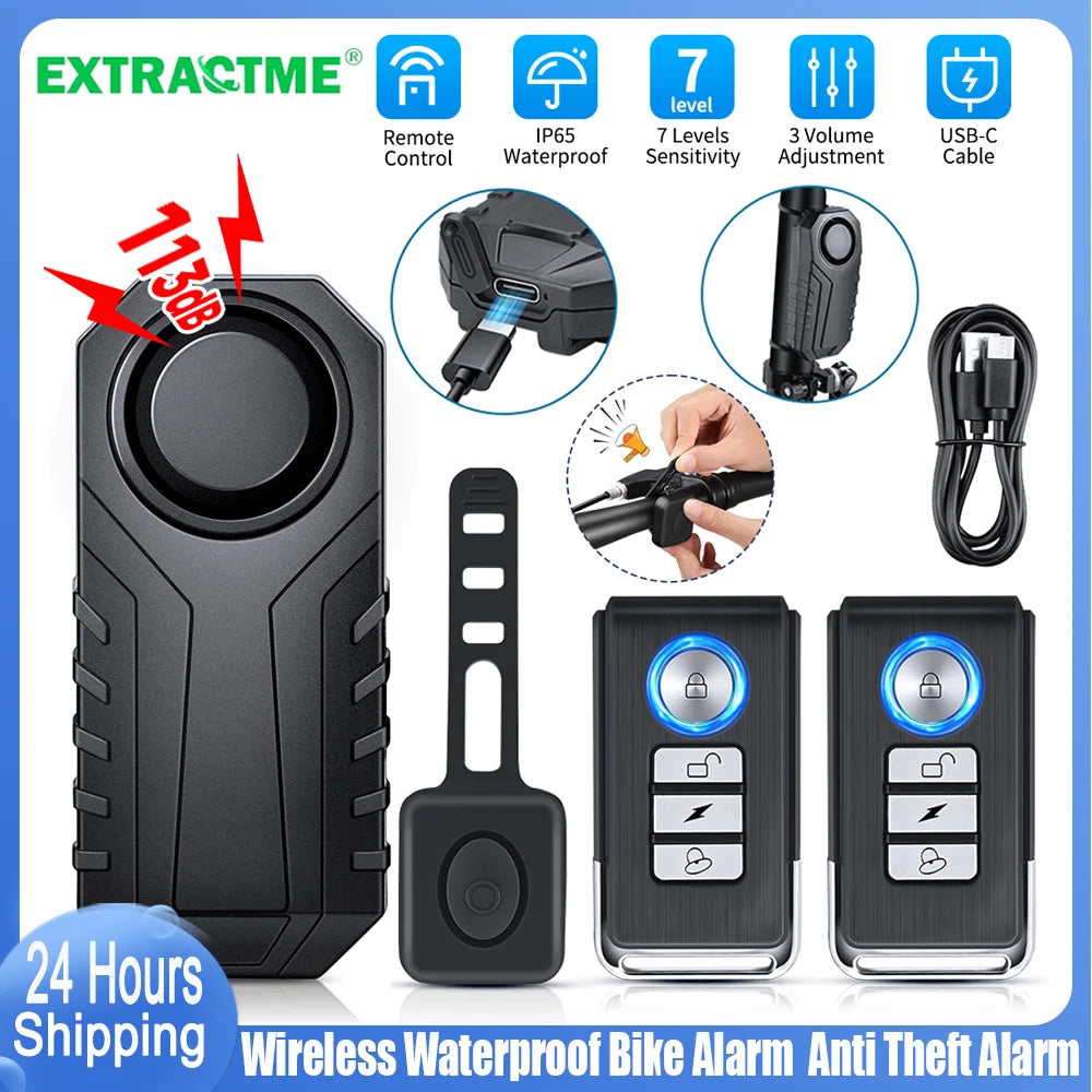 Wireless Bike Alarm with Remote IP65 Waterproof Rechargeable 113Db Loud Bicycle E-Bikes Scooter Moto anti Theft Alarm