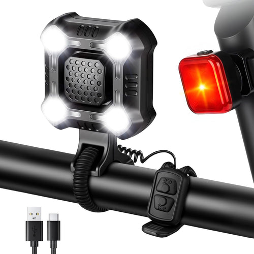 140Db Bike Horn with Front and Rear Light, 2In1 Bicycle Bell Control Switch LED Light, Rechargeable Waterproof, 8+5 Modes Headlight and Tail Light Daily Commute, Adults Kids Bike Scooter Ebike