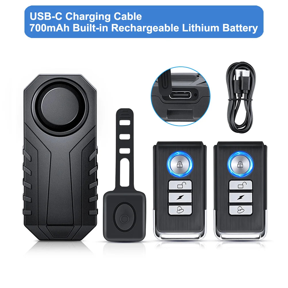 Wireless Bike Alarm with Remote IP65 Waterproof Rechargeable 113Db Loud Bicycle E-Bikes Scooter Moto anti Theft Alarm