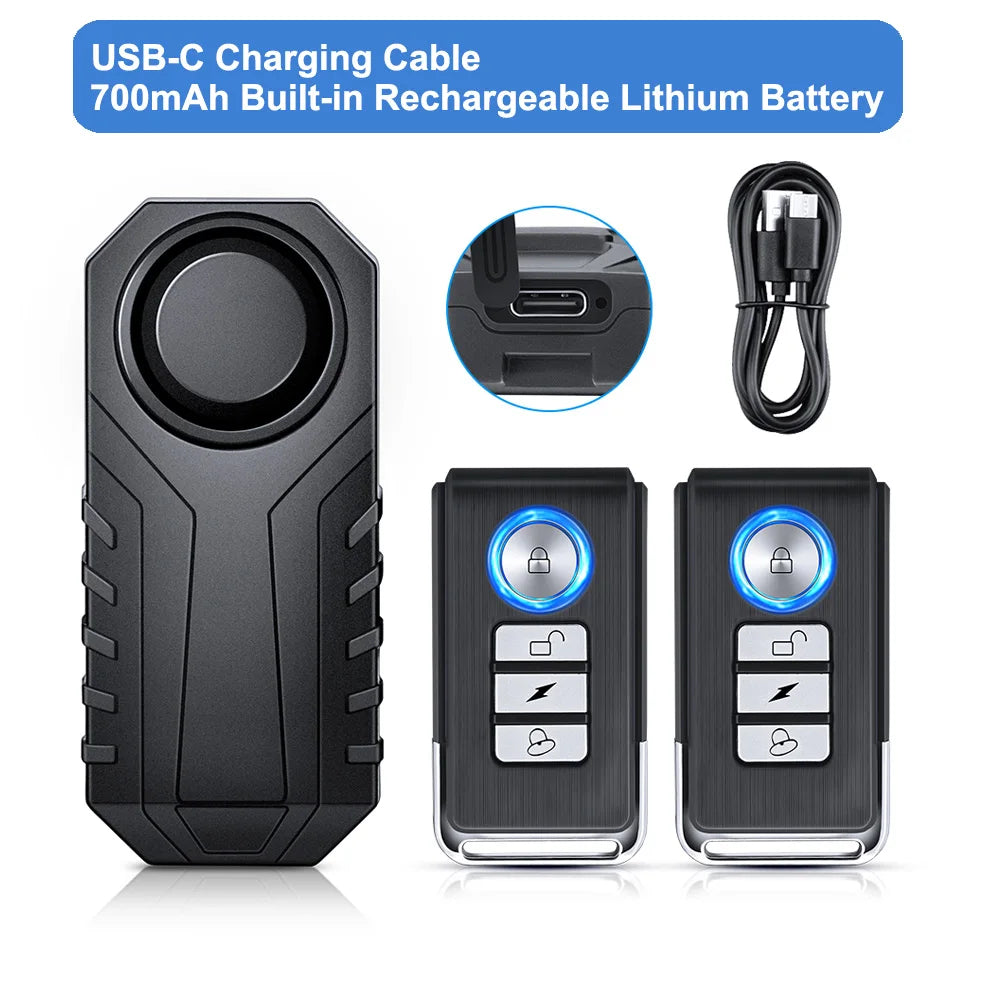 Wireless Bike Alarm with Remote IP65 Waterproof Rechargeable 113Db Loud Bicycle E-Bikes Scooter Moto anti Theft Alarm