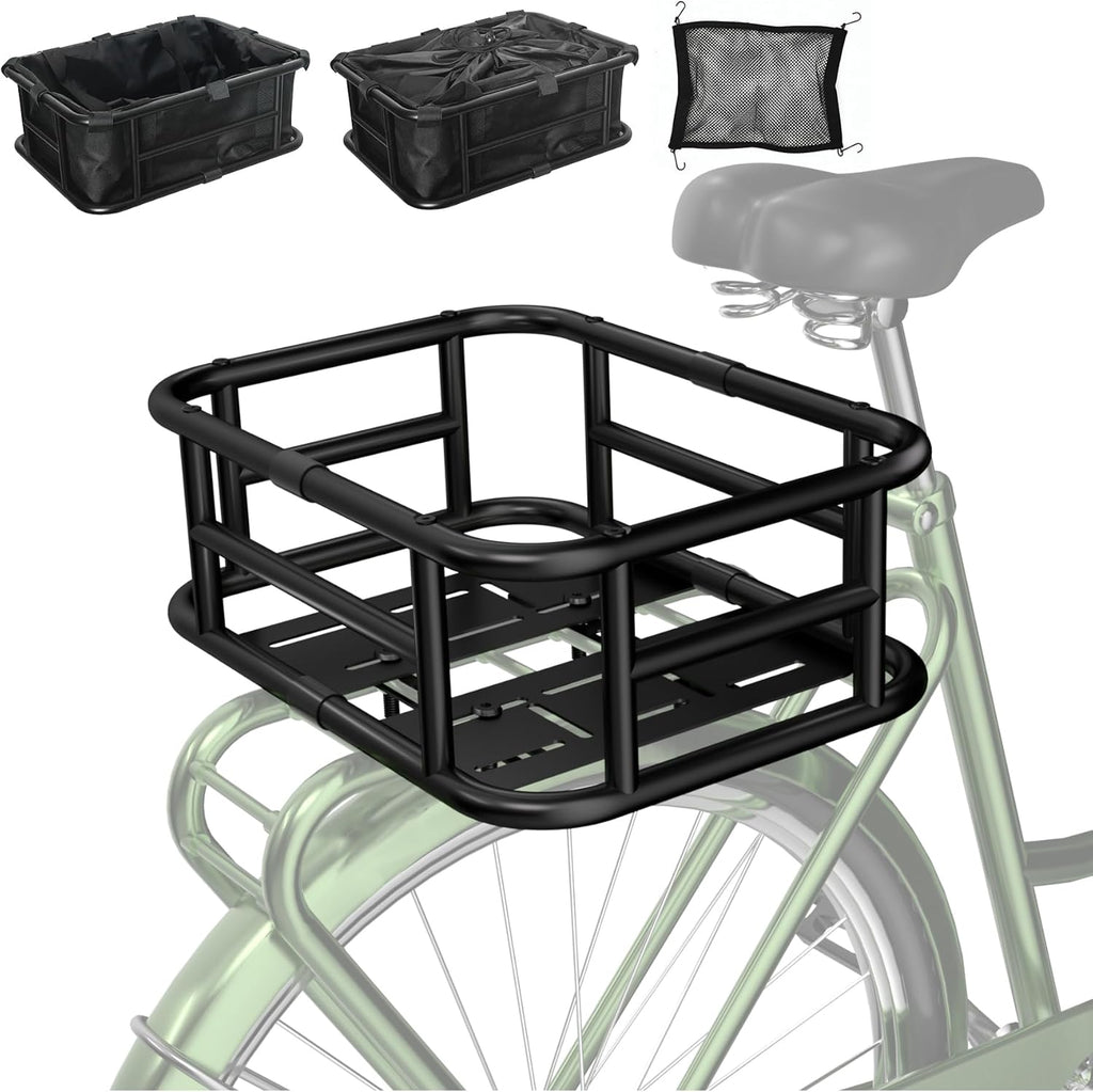 Bike Basket Rear - Assembled Version, Heavy Duty Bicycle Baskets W Liner, Cargo Net, Waterproof Cover, Ebike Accessories for Adult Bikes, Electric Bike, Carrying Grocery