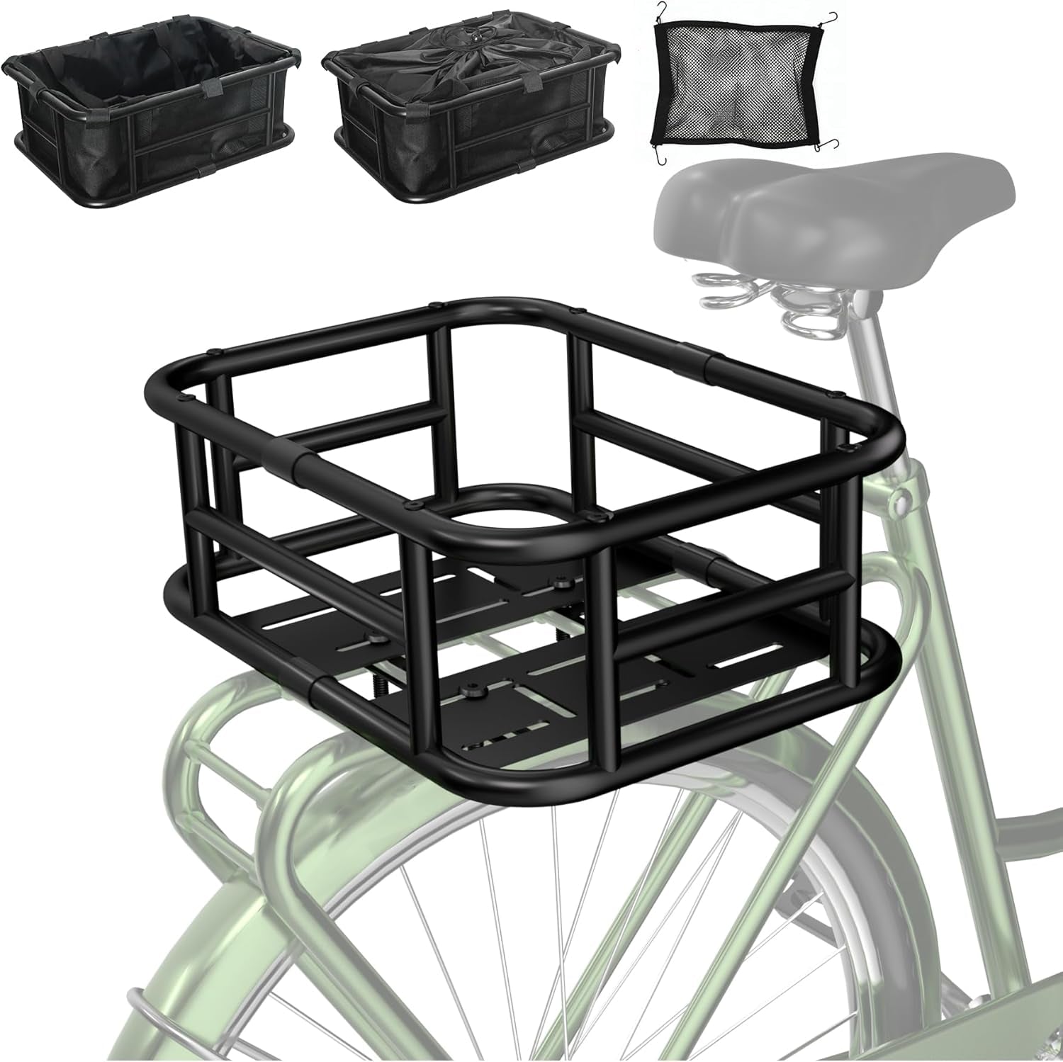 Bike Basket Rear - Assembled Version, Heavy Duty Bicycle Baskets W Liner, Cargo Net, Waterproof Cover, Ebike Accessories for Adult Bikes, Electric Bike, Carrying Grocery
