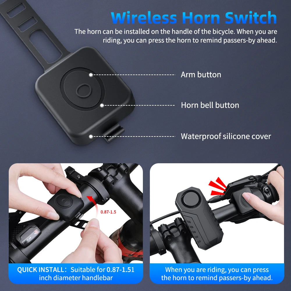Wireless Bike Alarm with Remote IP65 Waterproof Rechargeable 113Db Loud Bicycle E-Bikes Scooter Moto anti Theft Alarm