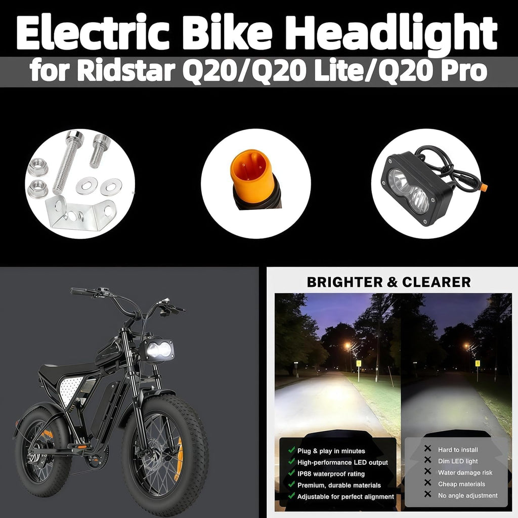 Baja Light Ebike Headlight, 20W, 6000K LED, High Beam for Ridstar Q20 | 12V-60V 3Pin Water-Resistant Off-Road Light Fits Ridstar Q20 Series, Motorcycle, ATV, Ebike Accessories & Mods