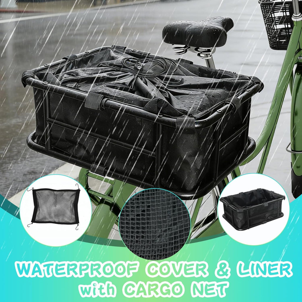 Bike Basket Rear - Assembled Version, Heavy Duty Bicycle Baskets W Liner, Cargo Net, Waterproof Cover, Ebike Accessories for Adult Bikes, Electric Bike, Carrying Grocery