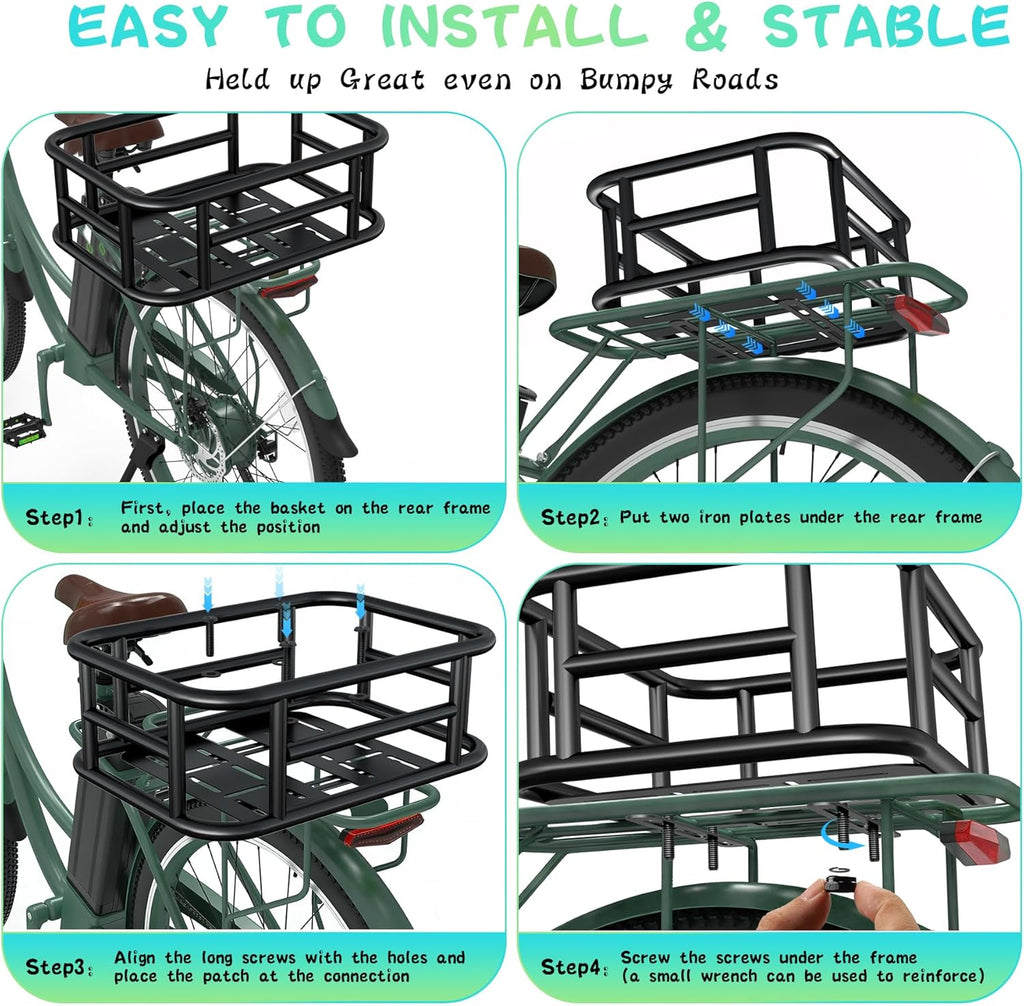 Bike Basket Rear - Assembled Version, Heavy Duty Bicycle Baskets W Liner, Cargo Net, Waterproof Cover, Ebike Accessories for Adult Bikes, Electric Bike, Carrying Grocery