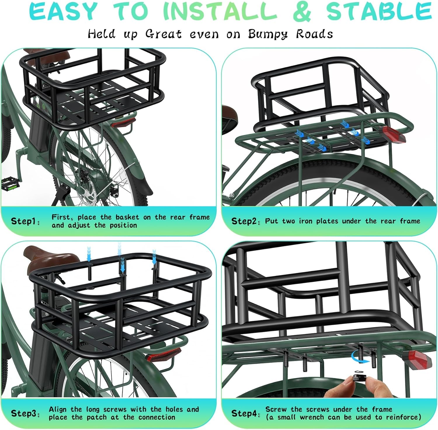 Bike Basket Rear - Assembled Version, Heavy Duty Bicycle Baskets W Liner, Cargo Net, Waterproof Cover, Ebike Accessories for Adult Bikes, Electric Bike, Carrying Grocery