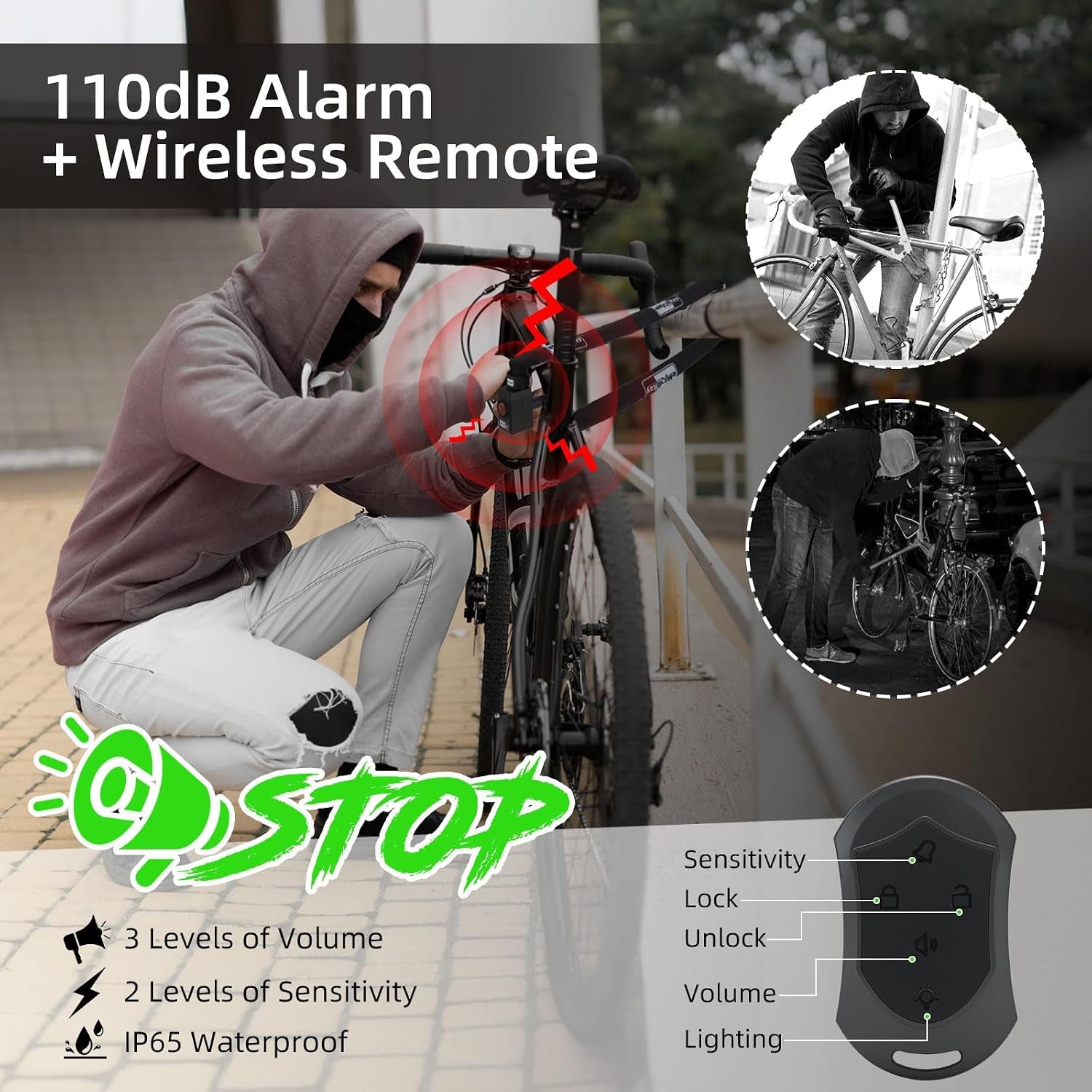 Bike Chain Lock with Alarm E Scooter Lock Anti-Theft Alarm 110Db 4Ft Security Heavy Duty with USB C Cable and 3 Keys for Bike/E Scooter/Motorcycle