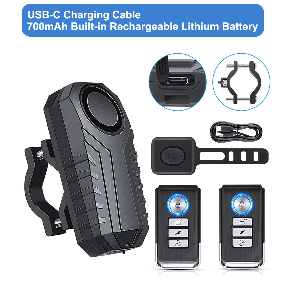 Wireless Bike Alarm with Remote IP65 Waterproof Rechargeable 113Db Loud Bicycle E-Bikes Scooter Moto anti Theft Alarm