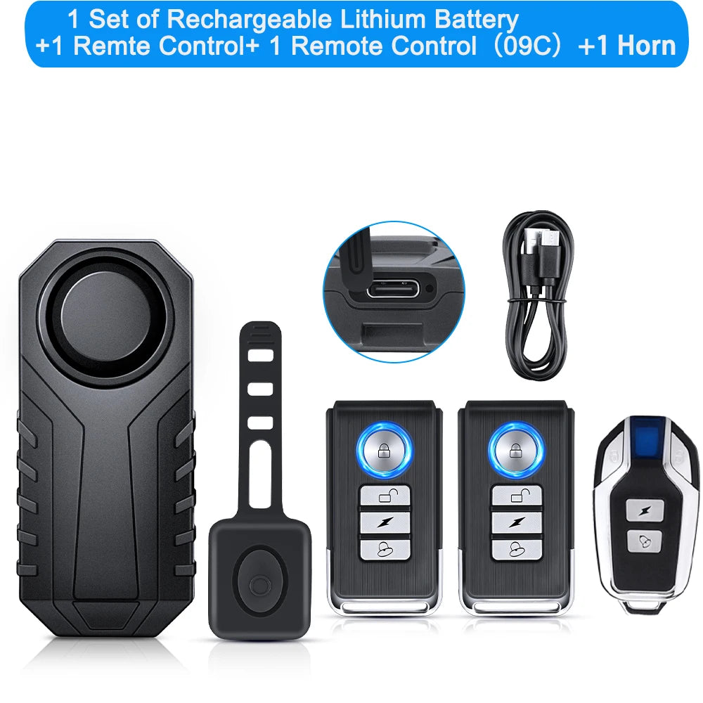 Wireless Bike Alarm with Remote IP65 Waterproof Rechargeable 113Db Loud Bicycle E-Bikes Scooter Moto anti Theft Alarm