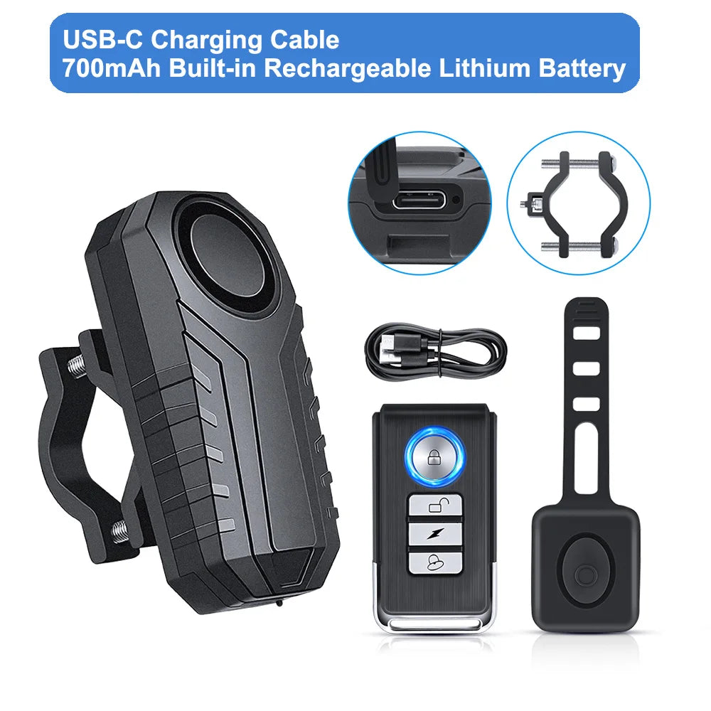 Wireless Bike Alarm with Remote IP65 Waterproof Rechargeable 113Db Loud Bicycle E-Bikes Scooter Moto anti Theft Alarm